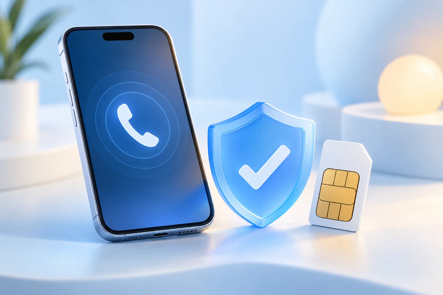Телефон, SIM-карта и защитный знак как напоминание проверить подозрительный звонок
