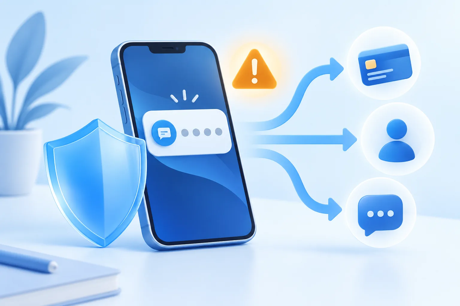 Смартфон с условным сообщением о коде, защитный щит и три направления проверки: банк, аккаунт и мессенджер